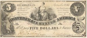 Confederate $5 Note - T-36 CR-274-78 - 1861 dated Confederate Paper Money