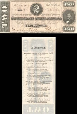 Confederate $2 Note - T-70 CR-567 - 1864 dated Confederate Paper Money - Memoriam Printed at Back