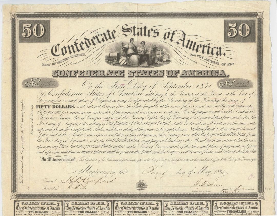 $50 Confederate States of America -1861 dated Confederate Bond