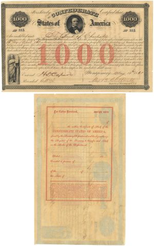 $1,000 Confederate States of America - CR-4, Ball-16 - $1,000 Confederate Montgomery, Alabama Bond - Serial #315