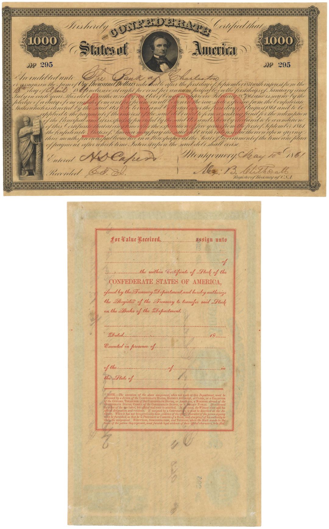 $1,000 Confederate States of America - CR-4, Ball-16 - $1,000 Confederate Montgomery, Alabama Bond - Serial #295