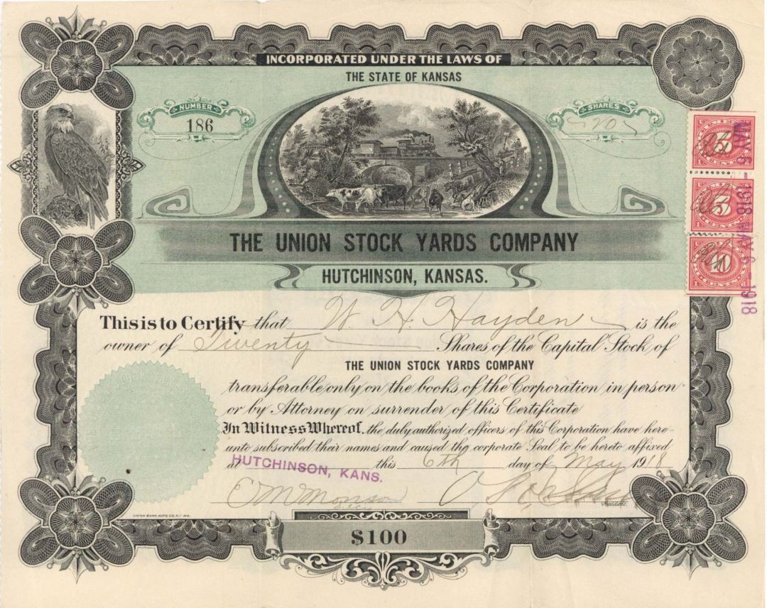 Union Stock Yards Co. - 1918 dated Stock Certificate