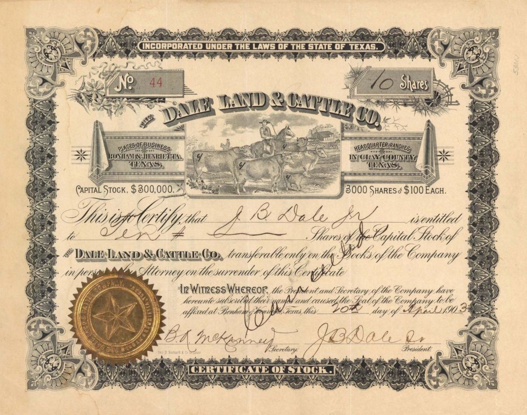 Dale Land and Cattle Co. -  1903 dated Stock Certificate