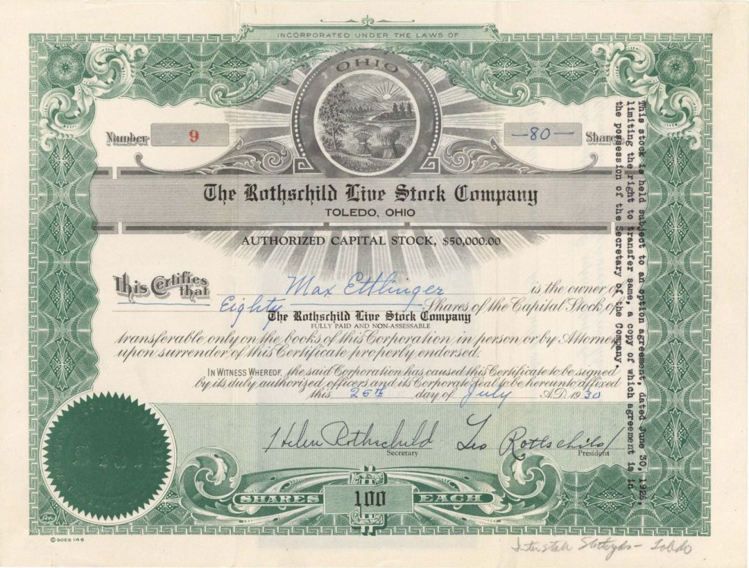 Rothschild Live Stock Co.  - 1930 dated Stock Certificate