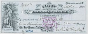 First National Bank Cooperstown, NY - 1890's dated Check - Baseball Hall of Fame