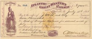 Atlantic and Great Western Railway - 1860's dated Railroad Check