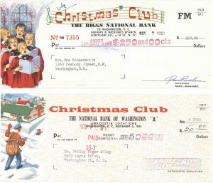 Christmas Clubs - Ornate Pair of Checks - Two (2) Checks - 1960's dated Riggs National Bank & National Bank of Washington