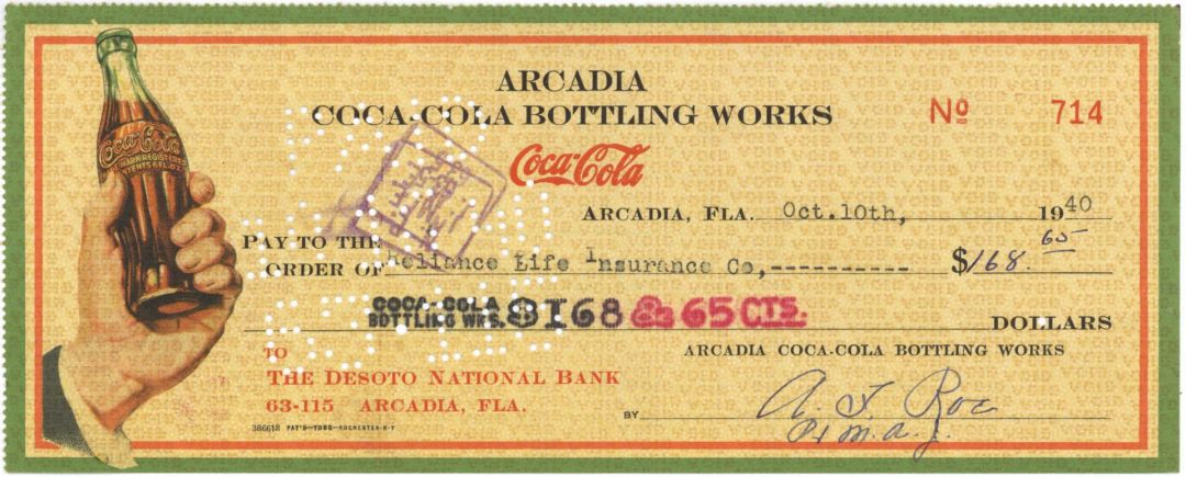 1940's dated Arcadia, FL Coca-Cola Bottling Works (Coke) Bottle in Hand Check - Arcadia, Florida