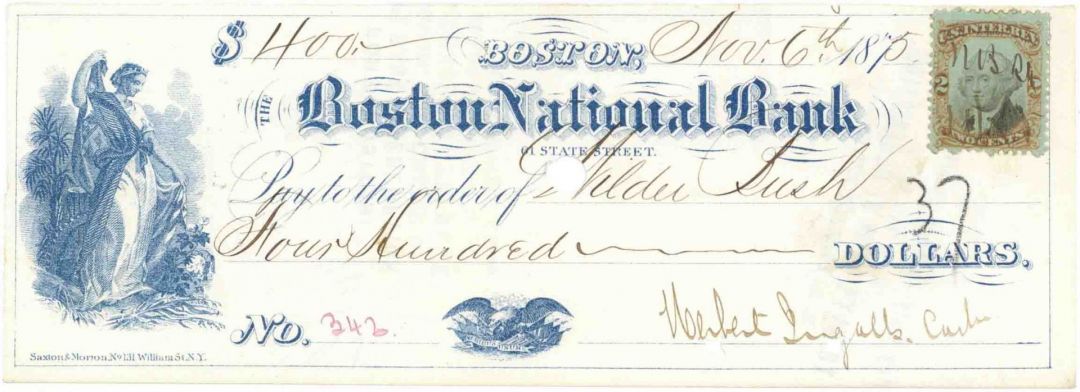 Boston National Bank - 1870's dated Massachusetts Check with Revenue Stamp