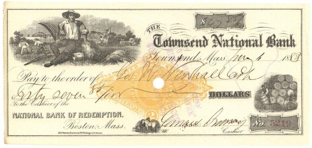 Townsend National Bank - 1883 dated Check - Townsend, Massachusetts - Imprinted Revenue