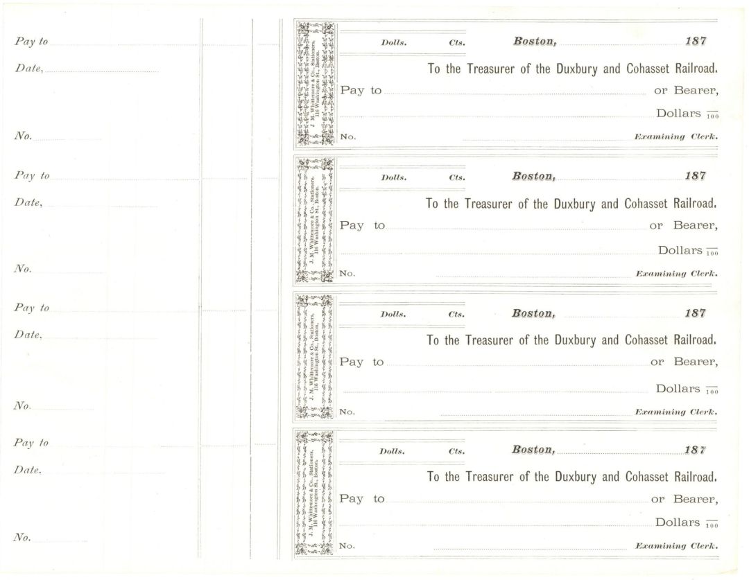 4 Check Sheet of the Duxbury and Cohasset Railroad - circa 1870's Uncut Sheet of Four Checks