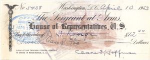 House of Representatives - Sergeant at Arms - United States - 1953 dated Check - Quite Rare