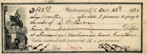 Washington, D.C. - 1891 dated Check - Washington on Horseback Monument