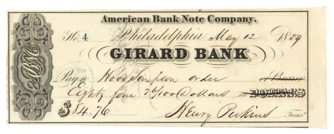 Girard Bank - 1859 dated Checks