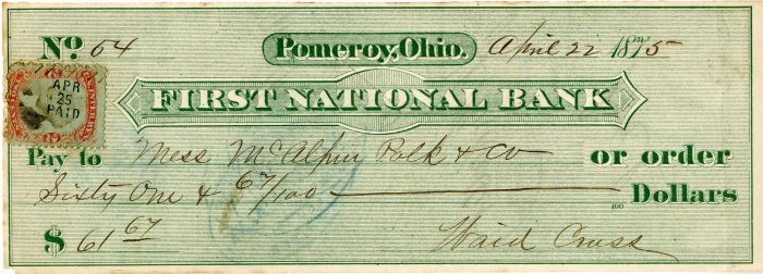 First National Bank - 1875 dated Pomeroy, Ohio Check