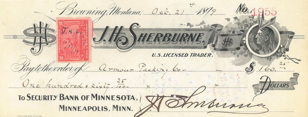 J.H. Sherburne -  1899 dated Check with Revenue Stamp