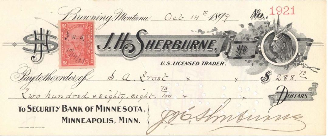 J.H. Sherburne -  1899 dated Check with Revenue Stamp