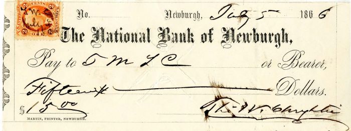 National Bank of Newburgh - 1860's-1880's dated New York Check