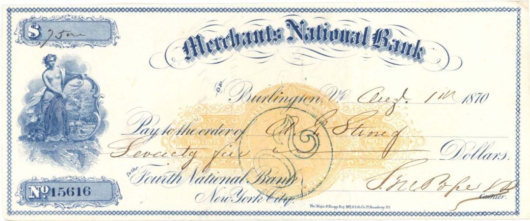 Merchants National Bank -  1870 dated Check