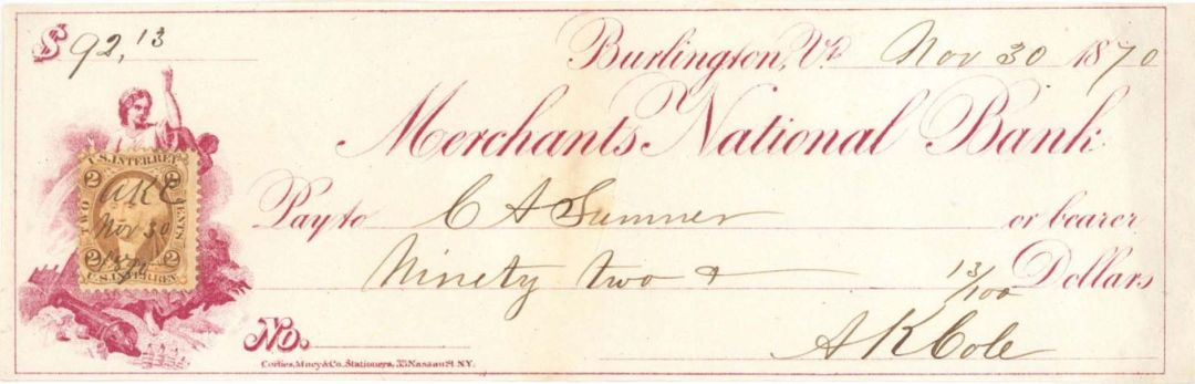 Merchants National Bank with Revenue Stamp -  1870 dated Check