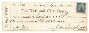 National City Bank - 1870's dated Check with Revenue - 52 Wall Street, New York, New York