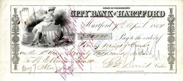City Bank of Hartford - 1854 dated Connecticut Check