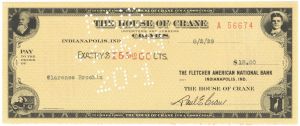 House of Crane - Cigar Importers and Jobbers - Fletcher American National Bank - 1927-1940 dated Indianapolis Check