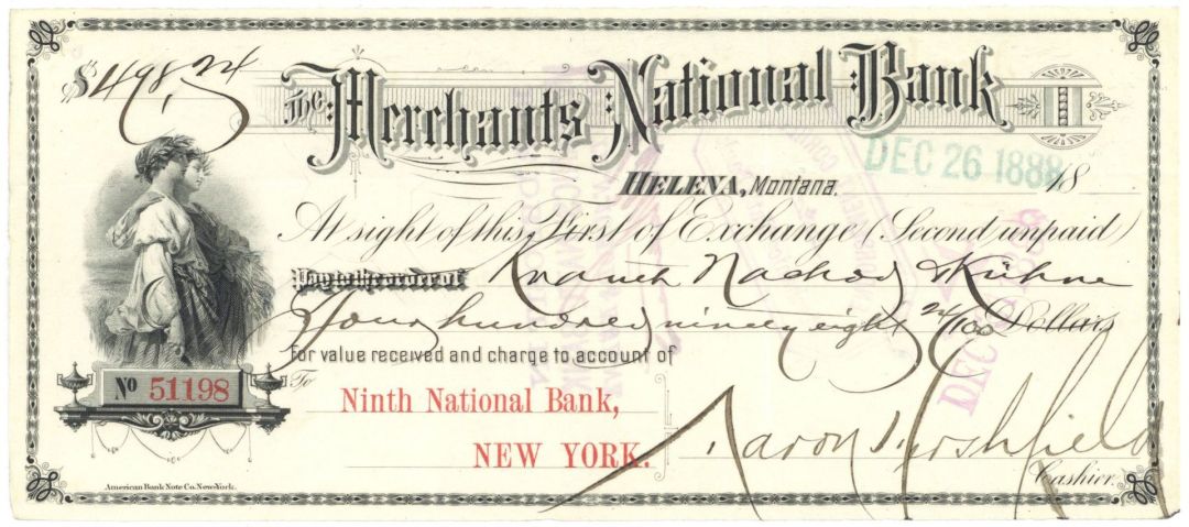 Merchants National Bank - 1889 dated Helena, Montana Check