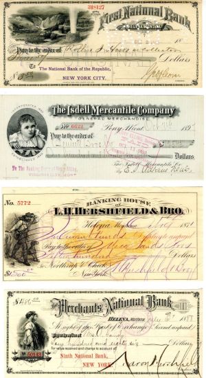 Collection of 4 Different Montana Checks - 1870's-90's dated Checks - Group of Four from Helena and Pony, Montana