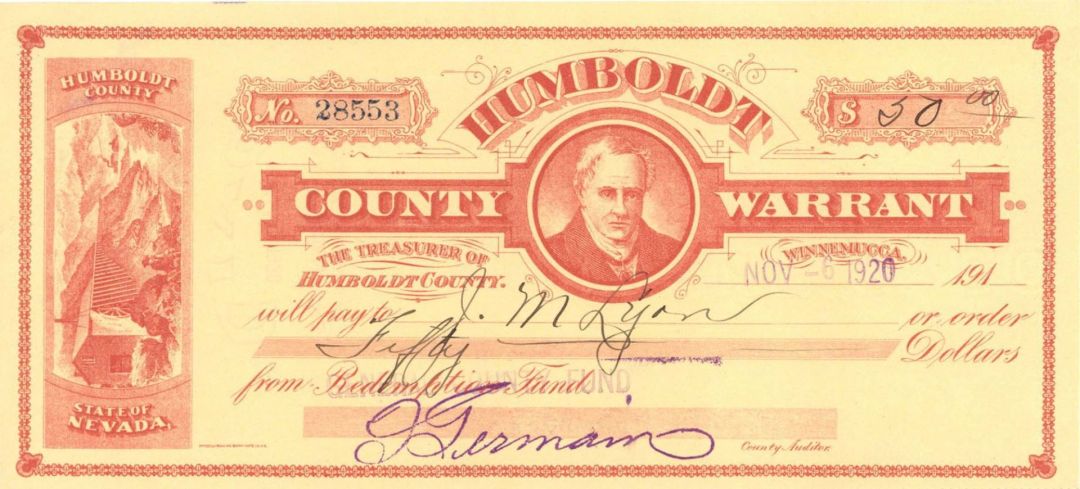 Humboldt County Warrant - 1920 or 1921 dated Check