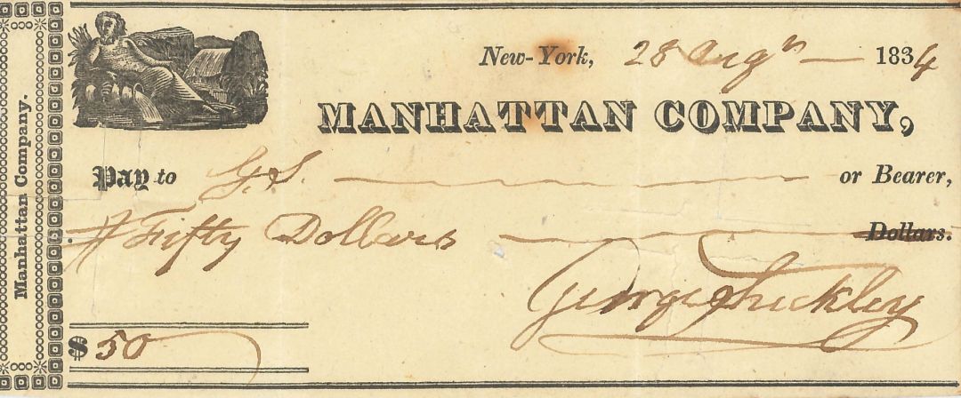 Manhattan Co. Check - Very Early 1834-36's dated New York Bank Check - Fantastic