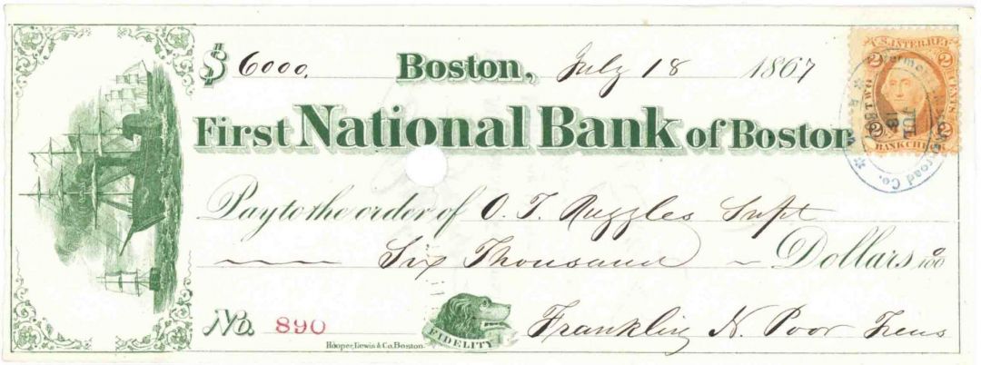 First National Bank of Boston - signed by Franklin N. Poor - 1860's Check with U.S. Revenue - Boston, Massachusetts