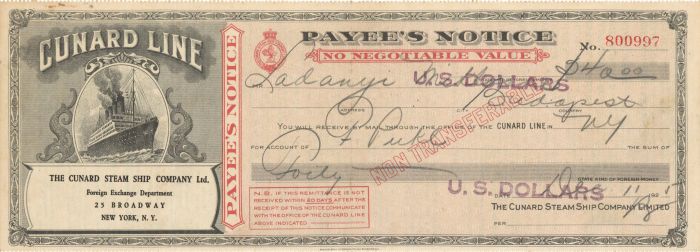 Cunard Line Steam Ship Co. Ltd. - 1920's dated Shipping Check