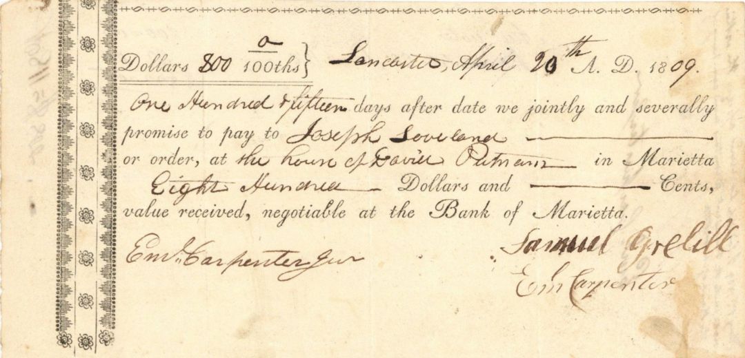 Bank of Marietta 1809 Check - Checks