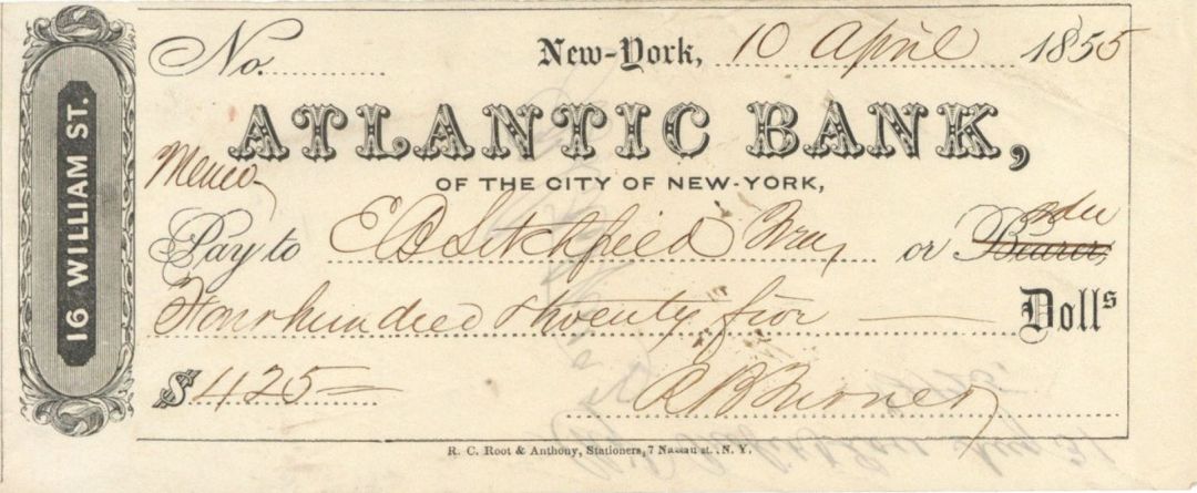 Atlantic Bank of the City of New York - 1855 dated Check