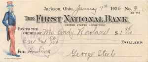 First National Bank - 1926 dated Check - Depicting Uncle Sam at Left - Very Rare