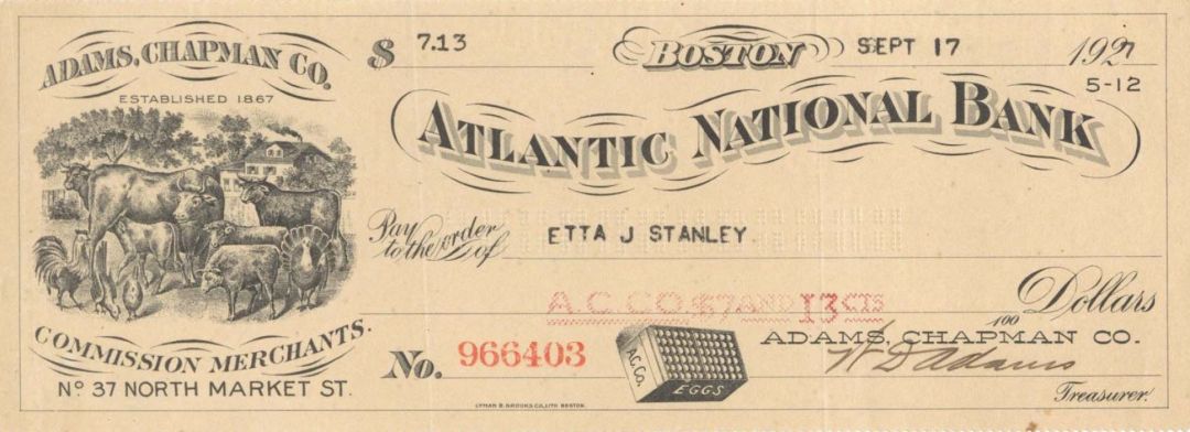 Atlantic National Bank -  1927 dated Check