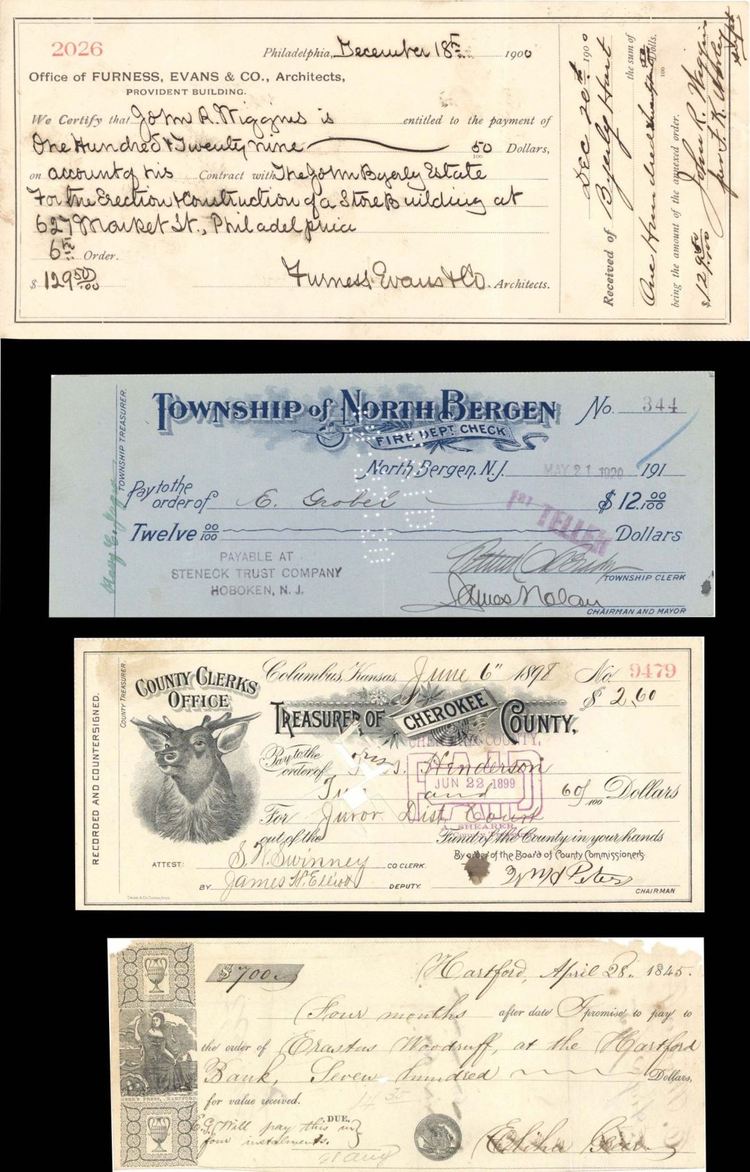 Group of 10 Miscellaneous Checks -  1845-1924 dated Checks