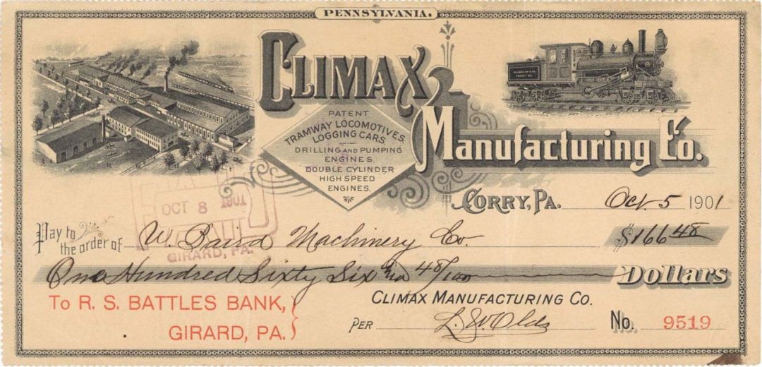 Climax Manufacturing Co.  - 1901 dated Check