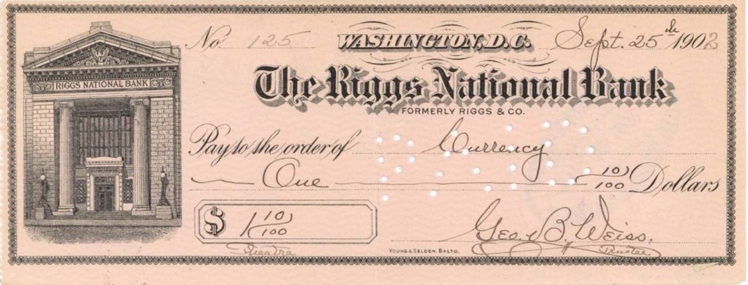 Riggs National Bank Check -  1902 dated Check