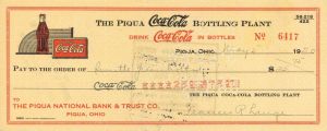 Piqua Coca-Cola Bottling Plant Check - 1950 or 1959 dated Check