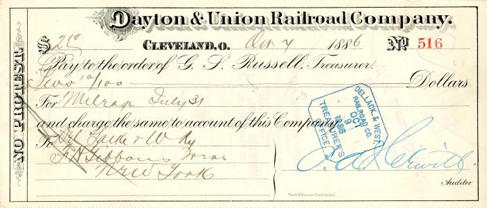 Dayton and Union Railroad Co. - Railroad Check