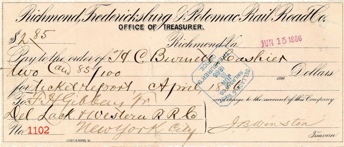 Richmond, Fredericksburg and Potomac Rail Road Co. - Railway Check