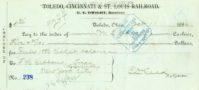 Toledo, St. Louis and Kansas City Railroad - 1886 dated Railway Check