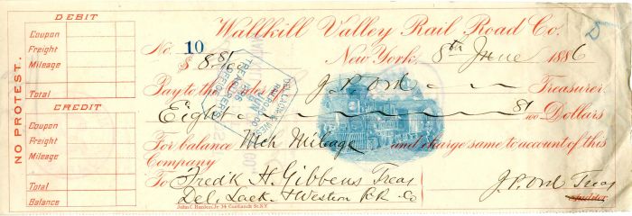 Wallkill Valley Rail Road Co. - Railroad Check