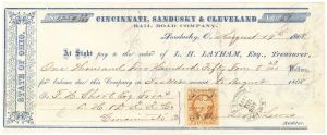 Cincinnati, Sandusky and Cleveland Rail Road Co. - 1868 dated Railway Check with Revenue