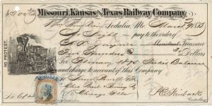 Missouri, Kansas and Texas Railway Co. - The Katy - 1873 dated Railroad Check