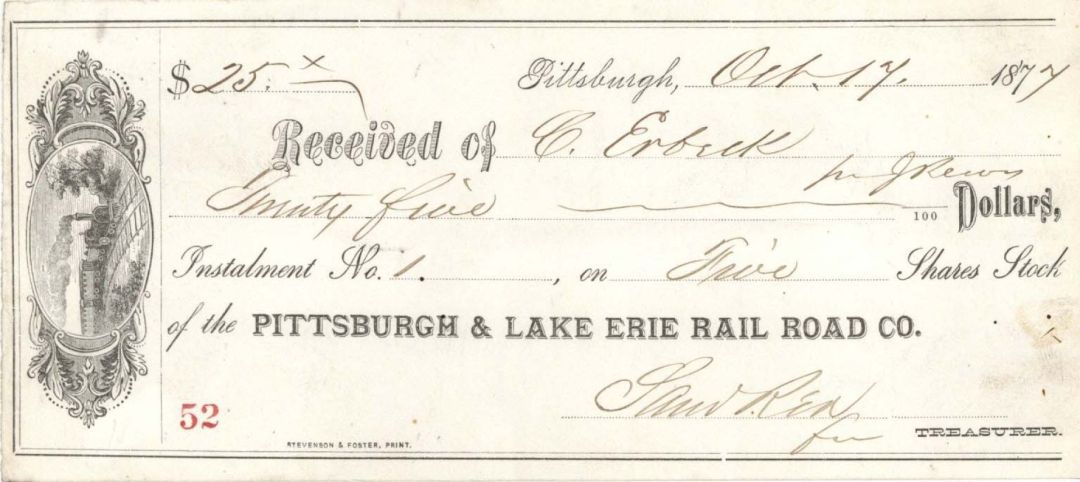 Pittsburgh and Lake Erie Rail Road Co. -  1877 dated Check