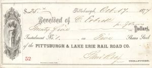 Pittsburgh and Lake Erie Rail Road Co. -  1877 dated Check