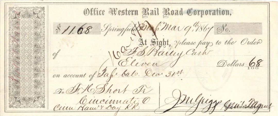 Western Rail Road Corp. -  1867 dated Check